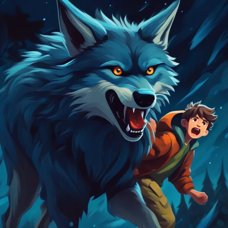 Jack - the boy with the ability to transform into a wolf as a wolf scaring away the hunter
