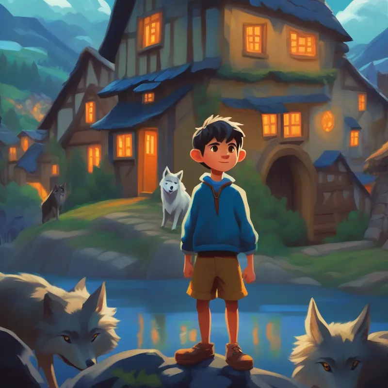 Jack - the boy with the ability to transform into a wolf as a wolf and the village behind him