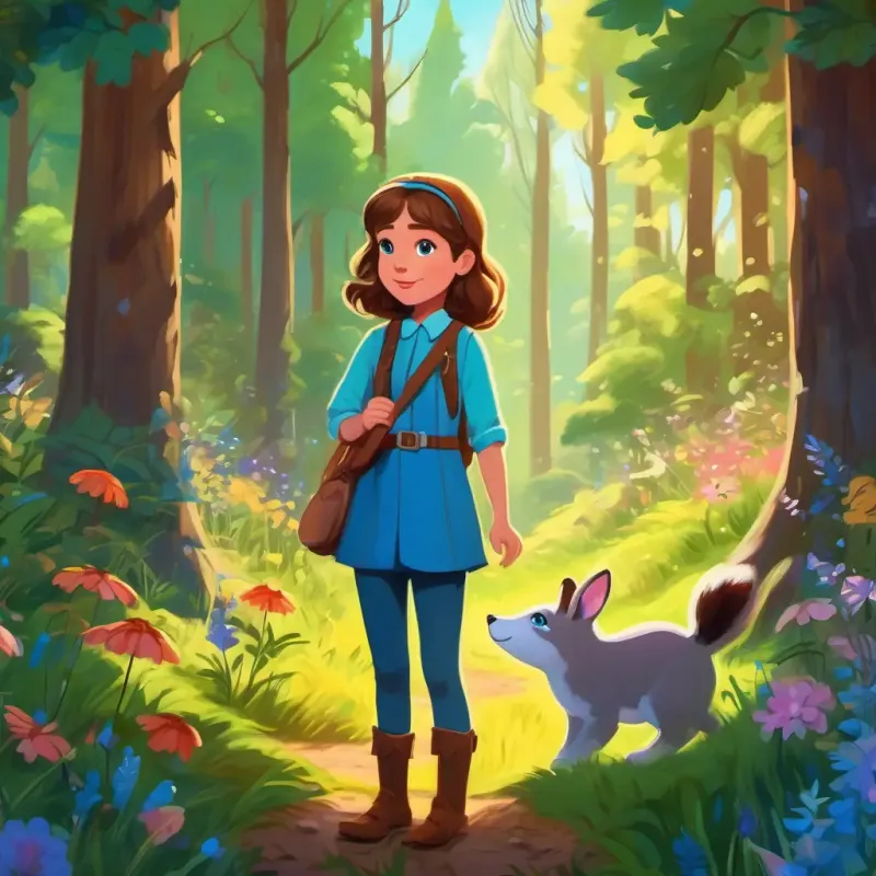 Curious girl with brown hair and bright blue eyes discovers a magical clearing in the forest with talking animals. Sunny day, colorful flowers, and tall trees.