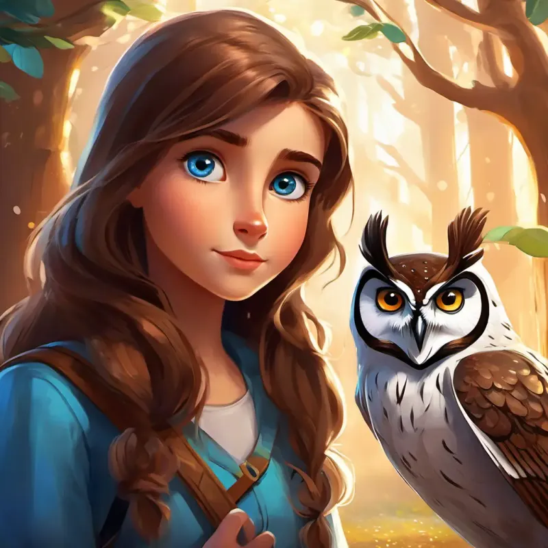 Curious girl with brown hair and bright blue eyes meets wise old owl Wise old owl with brown and white feathers, sparkling eyes. Brown and white feathers, sparkling eyes. Learns about magical stone.
