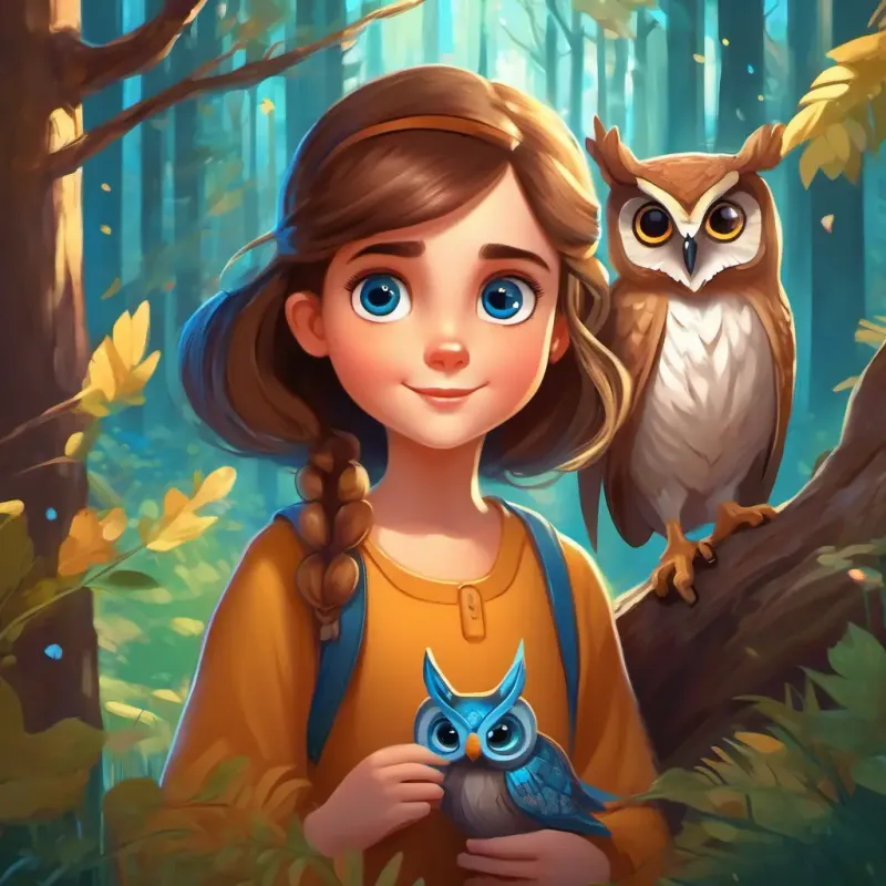 Curious girl with brown hair and bright blue eyes and Wise old owl with brown and white feathers, sparkling eyes start an adventure through the forest. Meet chatty squirrels, giggly rabbits, and a playful deer.