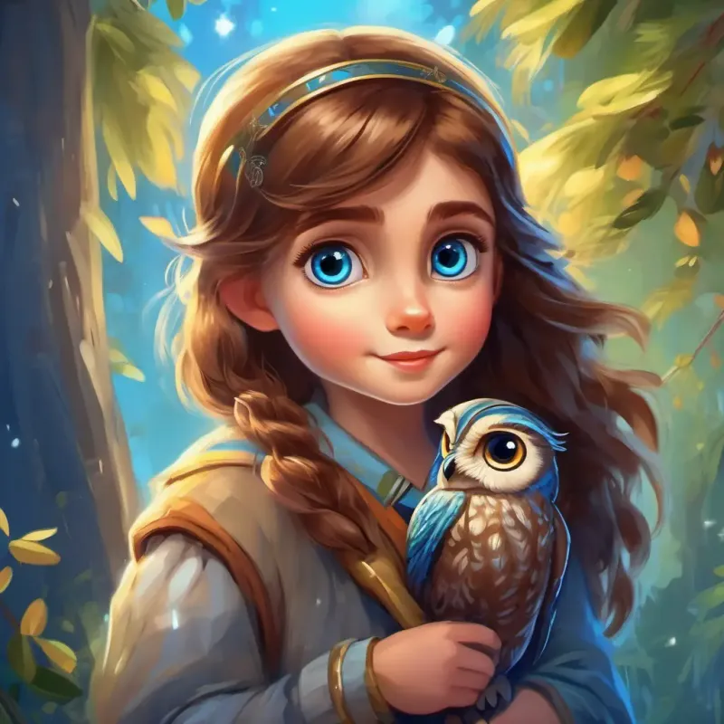 Curious girl with brown hair and bright blue eyes, Wise old owl with brown and white feathers, sparkling eyes, and the animals solve riddles, overcome obstacles. Animals use special abilities. Laugh and sing.