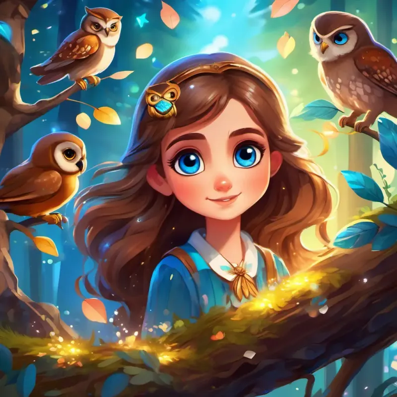 Curious girl with brown hair and bright blue eyes, Wise old owl with brown and white feathers, sparkling eyes, and animals reach the heart of the forest and find the magical stone. Curious girl with brown hair and bright blue eyes makes her wish. Colorful sparkles fill the air.