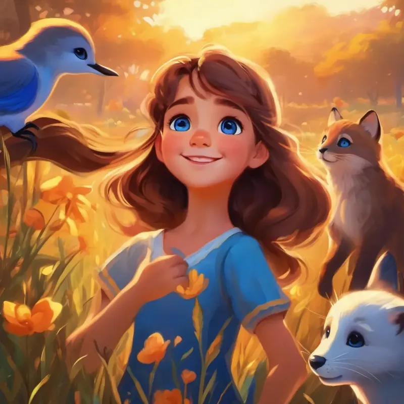 Curious girl with brown hair and bright blue eyes's wish is granted. Animals cheer and celebrate with a joyful dance. Sun sets, they say their goodbyes.