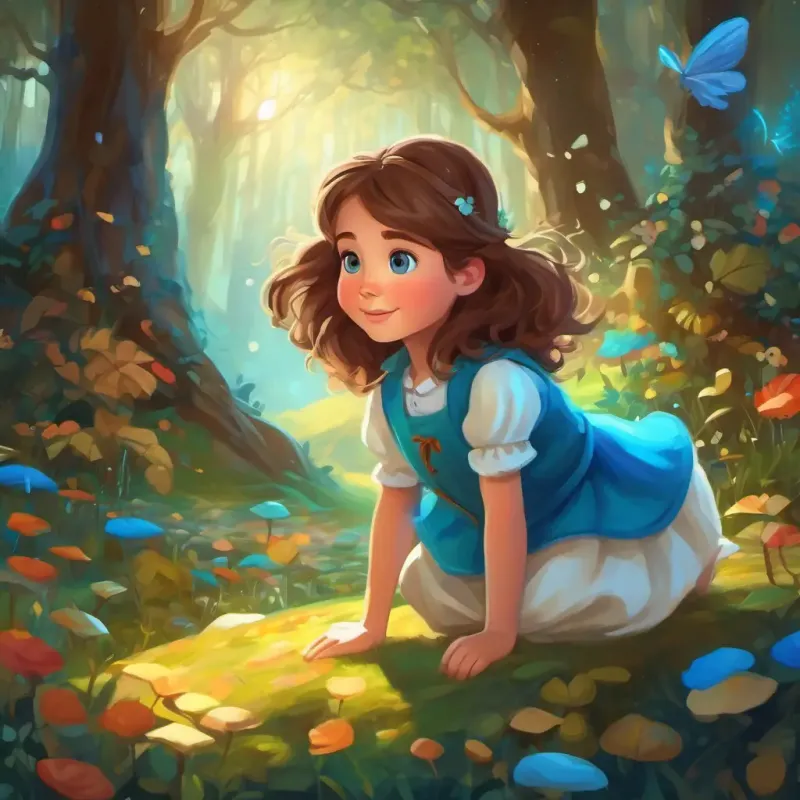 Curious girl with brown hair and bright blue eyes returns home, heart full of wonder and joy. Drifts off to sleep, treasures the magical day in the enchanted forest.