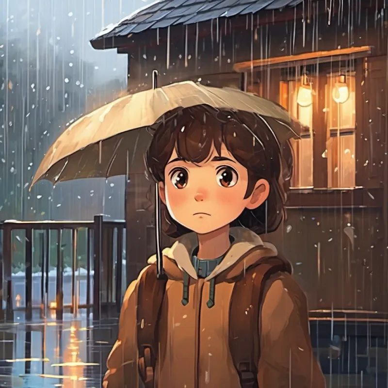 Protagonist, young, brown hair, brown eyes, energetic at home, observes heavy rain, worried tone.