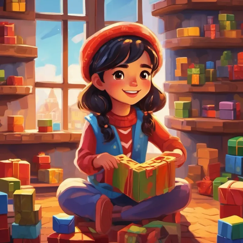 Bright-eyed girl with caramel skin and dark hair playing, building block towers at home.