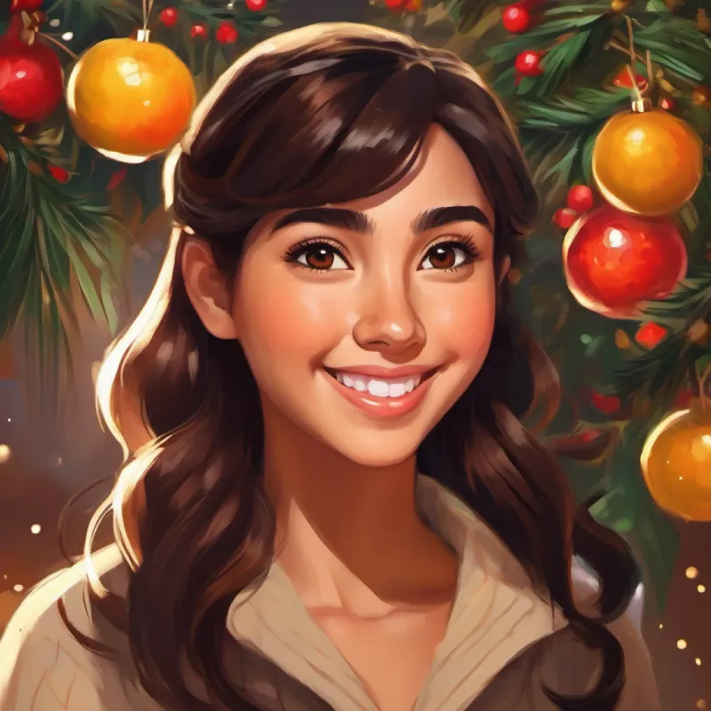Warm smile, olive skin, brown eyes, dark hair noticing Bright-eyed girl with caramel skin and dark hair's pain, suggests fruit.