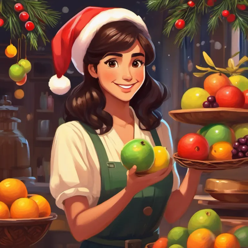 Warm smile, olive skin, brown eyes, dark hair offering fruit, questioning about soap.