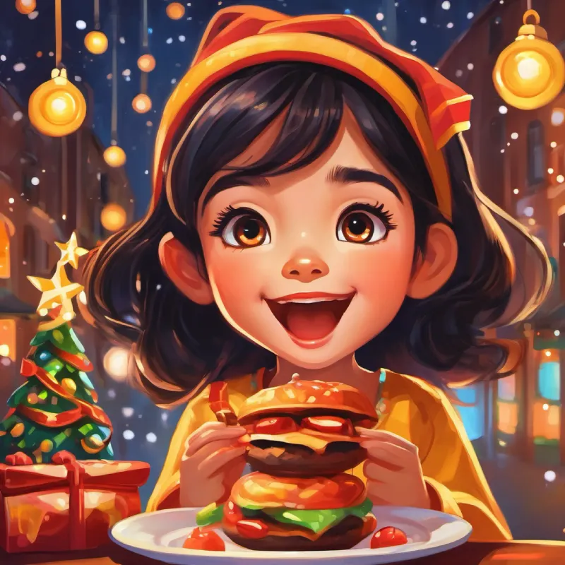 Tiny, unseen, mischievous entities inside Bright-eyed girl with caramel skin and dark hair celebrating Bright-eyed girl with caramel skin and dark hair's choice of food.