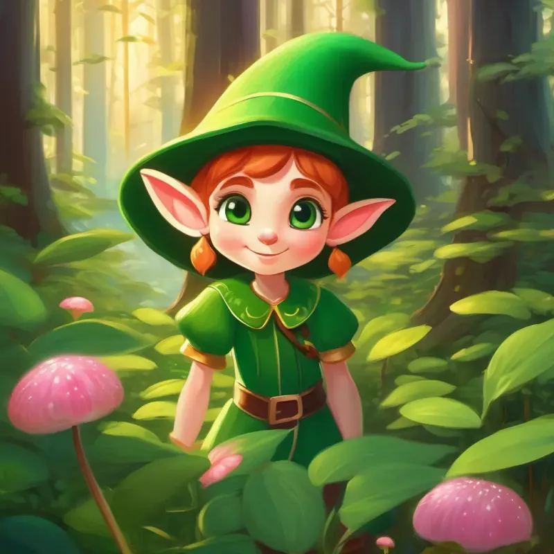In the magical forest, meet A small, green-eyed elf with rosy cheeks and a tiny green hat, a little green-eyed elf.