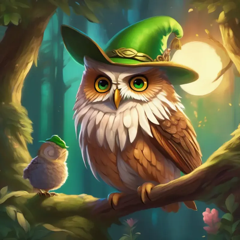 A small, green-eyed elf with rosy cheeks and a tiny green hat is invited by A wise old owl with big round eyes and fluffy feathers, the wise old owl, for a special journey.