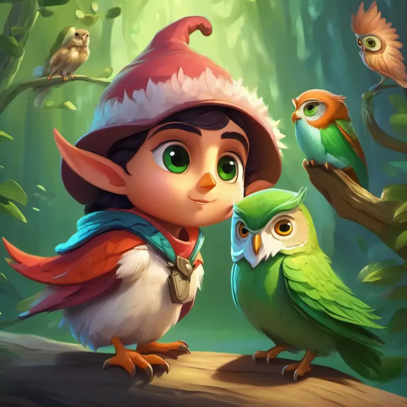 A small, green-eyed elf with rosy cheeks and a tiny green hat and A wise old owl with big round eyes and fluffy feathers meet various creatures as they begin their journey.