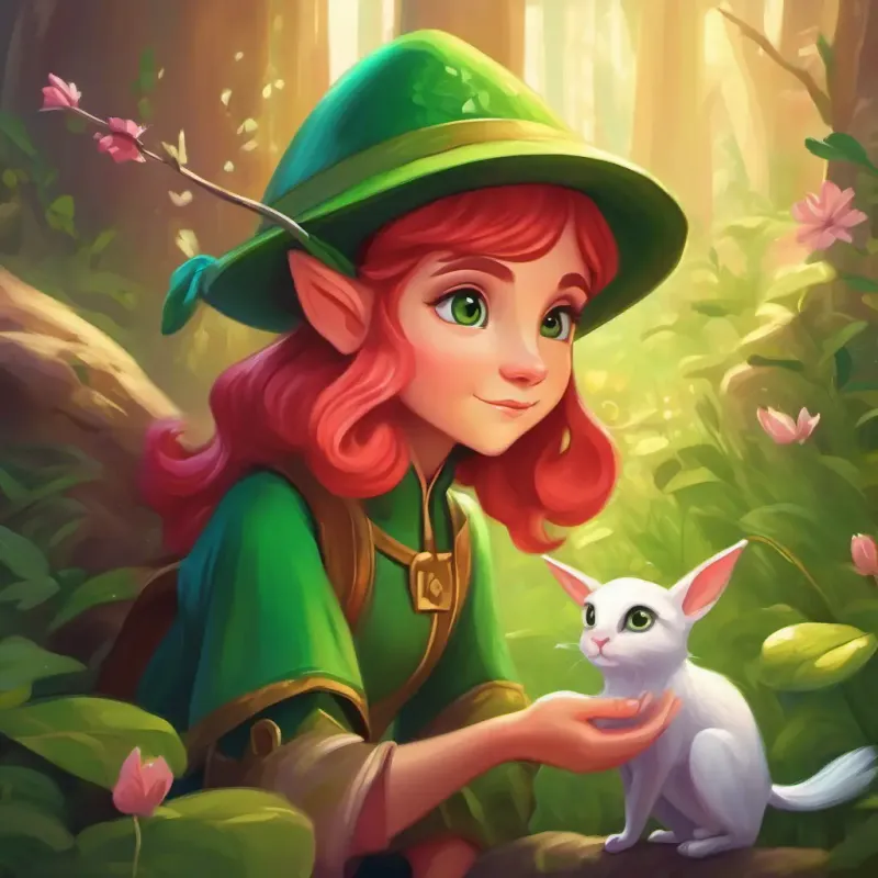 A small, green-eyed elf with rosy cheeks and a tiny green hat learns the importance of kindness through helping the creatures.