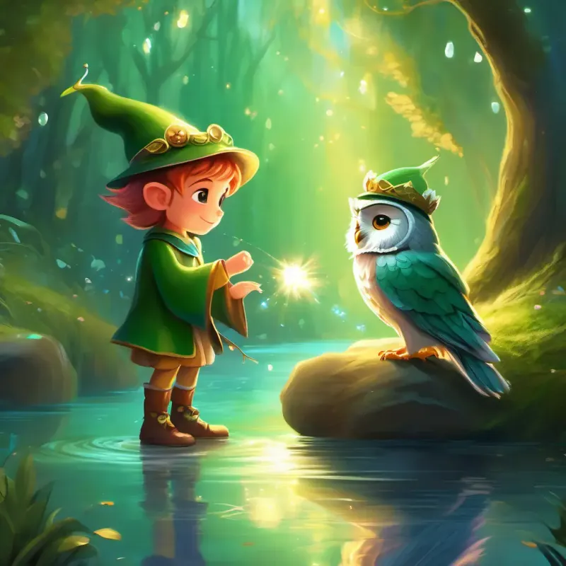 A small, green-eyed elf with rosy cheeks and a tiny green hat and A wise old owl with big round eyes and fluffy feathers enjoy a magical moment with singing fairies by the sparkling river.