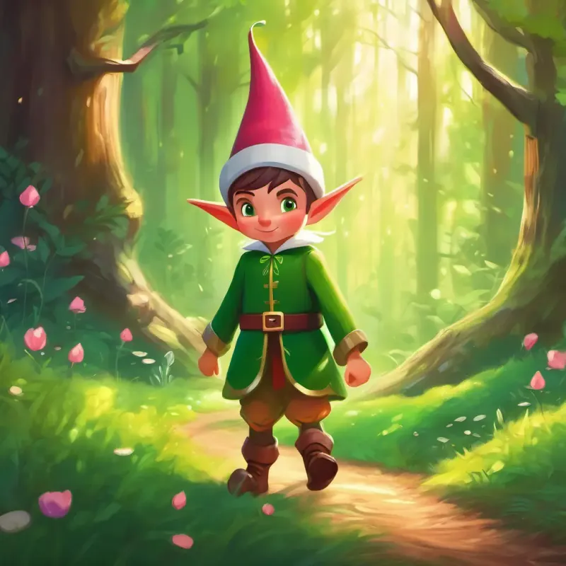 A small, green-eyed elf with rosy cheeks and a tiny green hat returns to the magical forest, eager to share his newfound kindness.