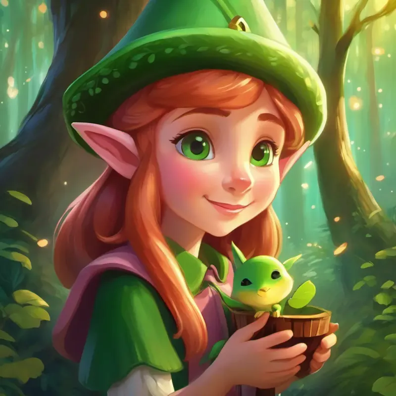 A small, green-eyed elf with rosy cheeks and a tiny green hat embraces the value of kindness, bringing joy to the magical forest.