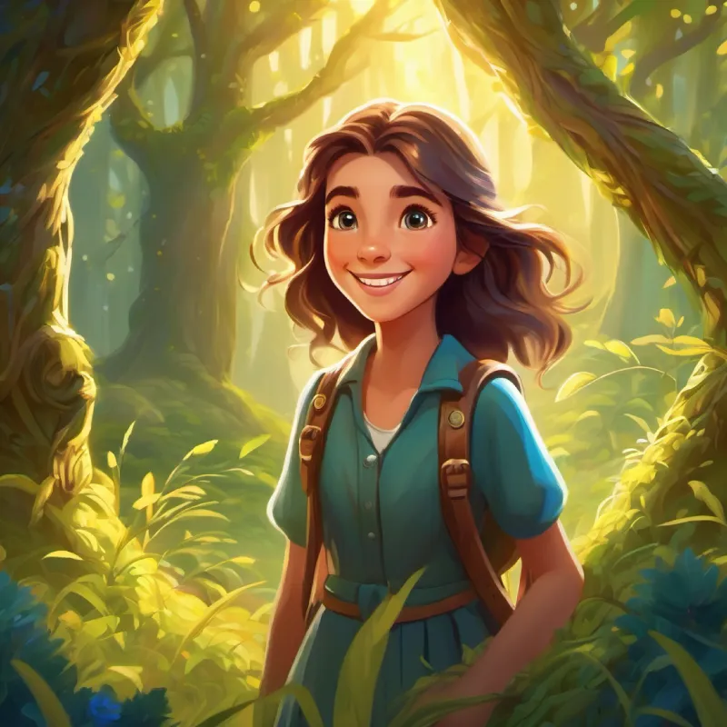 Introducing Young girl with bright eyes and a wide, curious smile and the magical Willowwood, setting off on an adventure.
