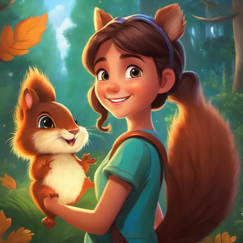 Young girl with bright eyes and a wide, curious smile meets Energetic squirrel, sparkly eyes, big, fluffy tail in Willowwood.
