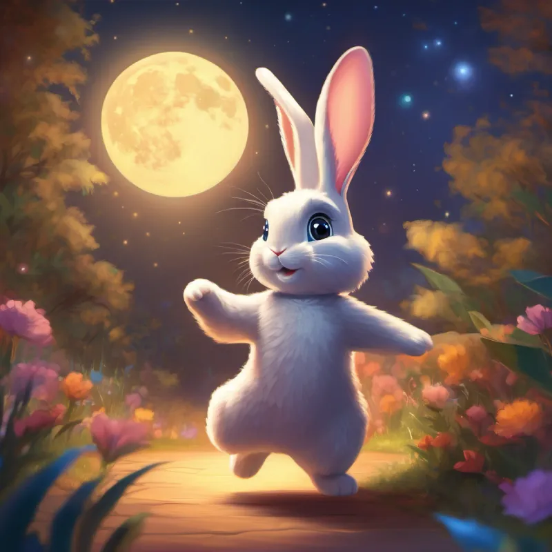 Soft-furred rabbit, moon-bright eyes, loves to dance joins them, searching for a party spot.