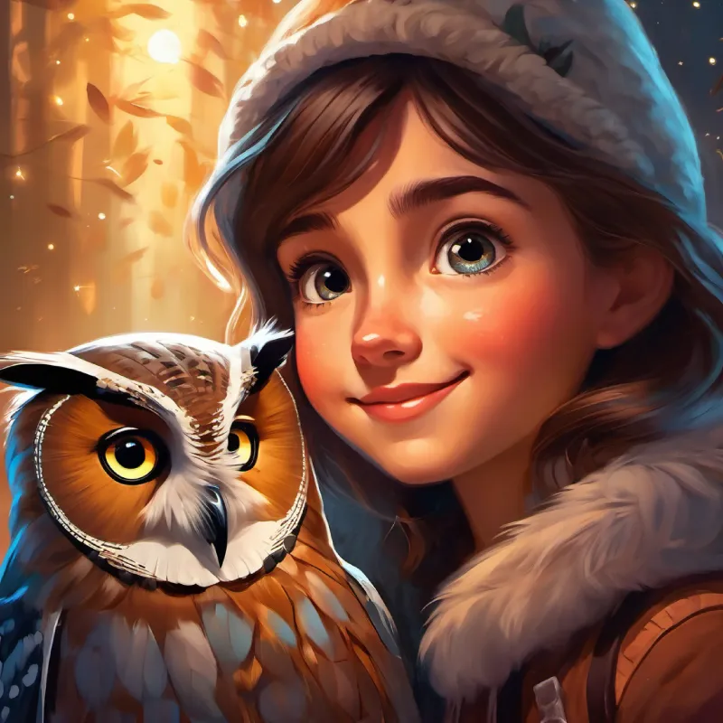 Young girl with bright eyes and a wide, curious smile bonds with Wise owl, soft feathers, caring eyes that twinkle like stars and feels welcomed.
