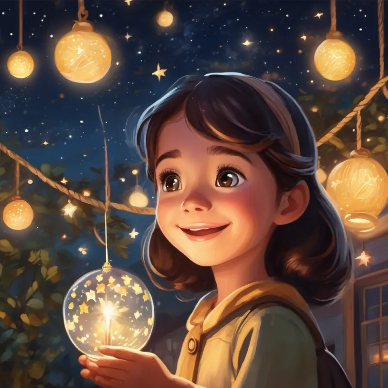 Young girl with bright eyes and a wide, curious smile departs with cherished memories, making a wish under the stars.