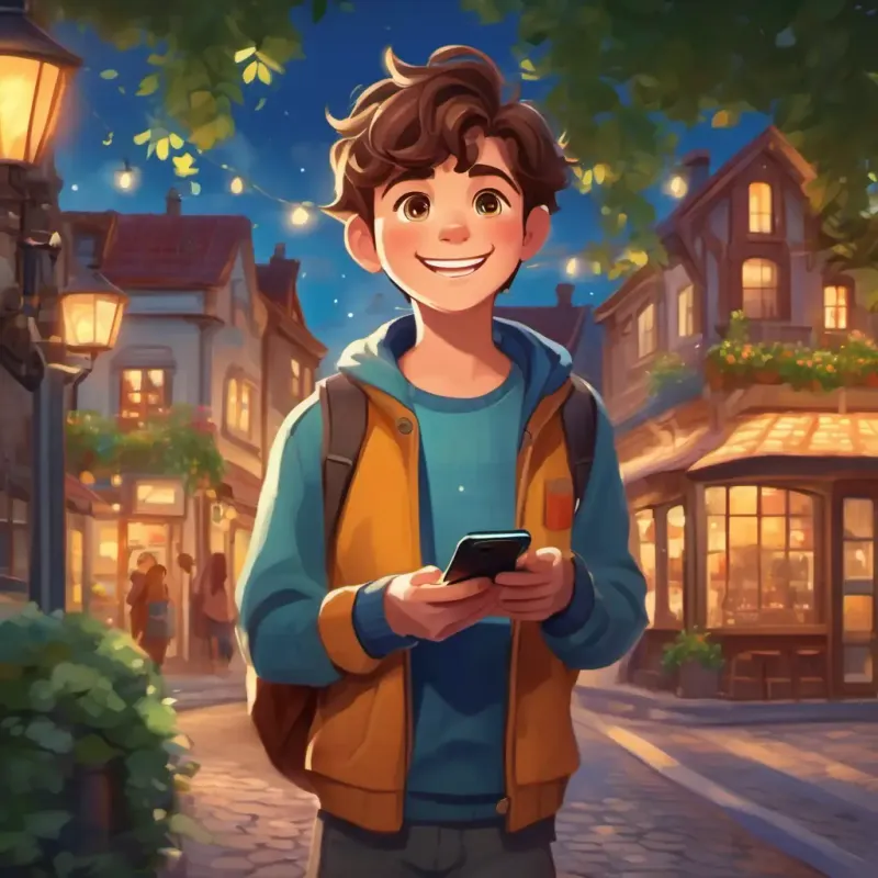 Introducing the main character Cheerful boy with brown hair, bright eyes, and a big smile, finding the magic smartphone in a small town