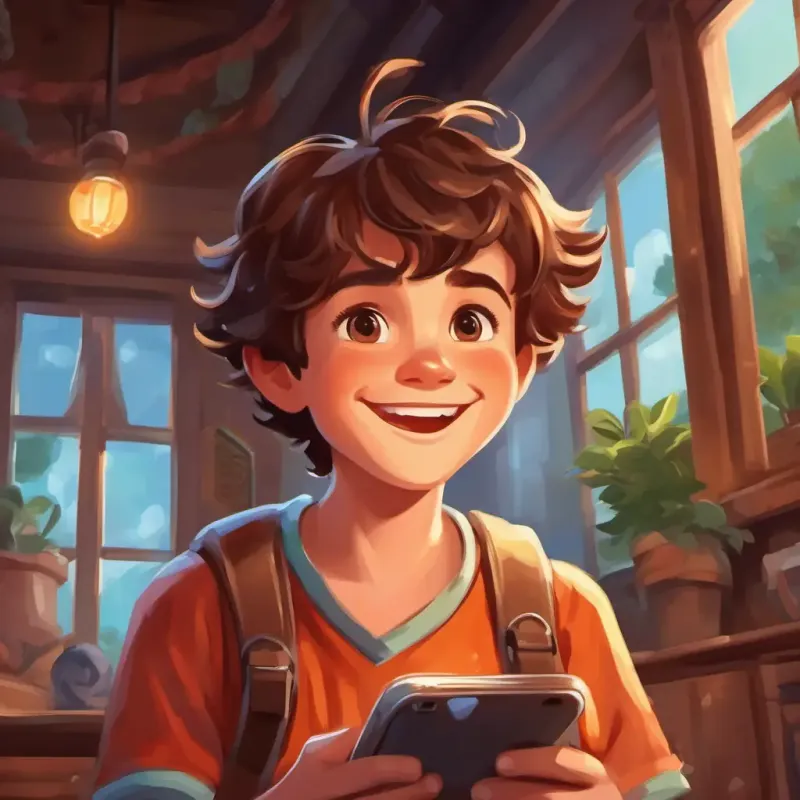 Cheerful boy with brown hair, bright eyes, and a big smile using the magic smartphone to turn ordinary moments into adventures