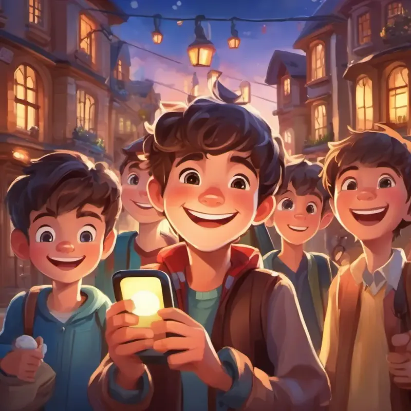 Cheerful boy with brown hair, bright eyes, and a big smile's daily adventures with the magic smartphone and his friends' reactions