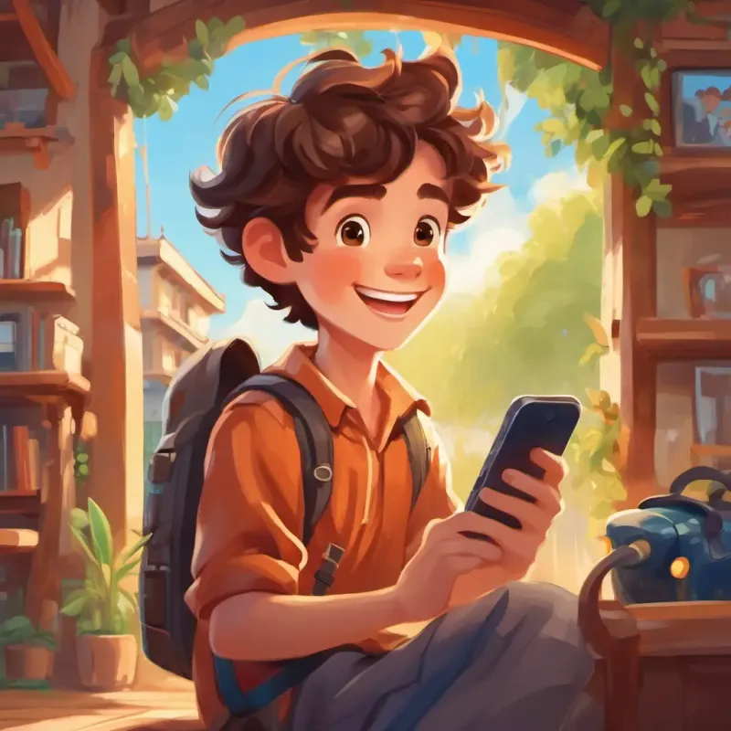 Cheerful boy with brown hair, bright eyes, and a big smile capturing joyful moments with the magic smartphone
