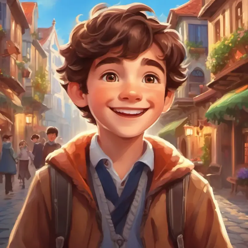 The magic smartphone as Cheerful boy with brown hair, bright eyes, and a big smile's favorite companion and bringing joy to the town