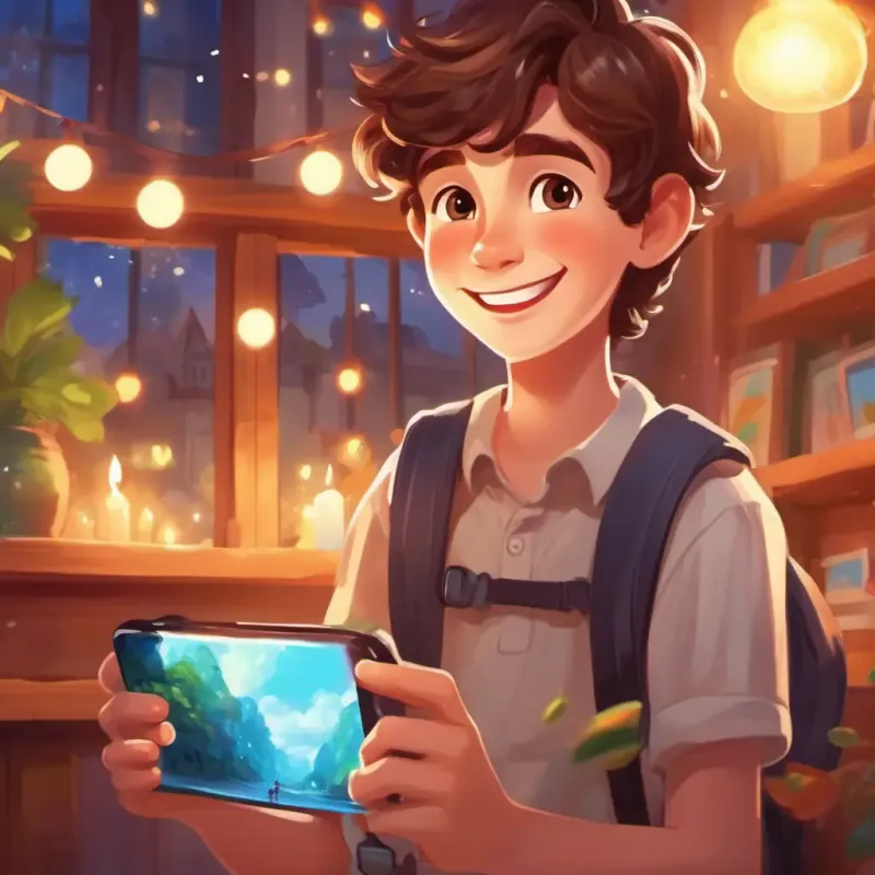 Cheerful boy with brown hair, bright eyes, and a big smile continuing to create joyful videos with the magic smartphone