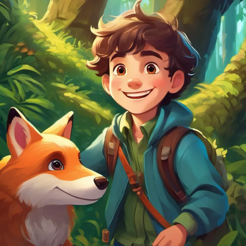 Introducing A boy with bright eyes and a big smile, always wearing adventurous clothes, a boy who loves animals, and the enchanted forest.