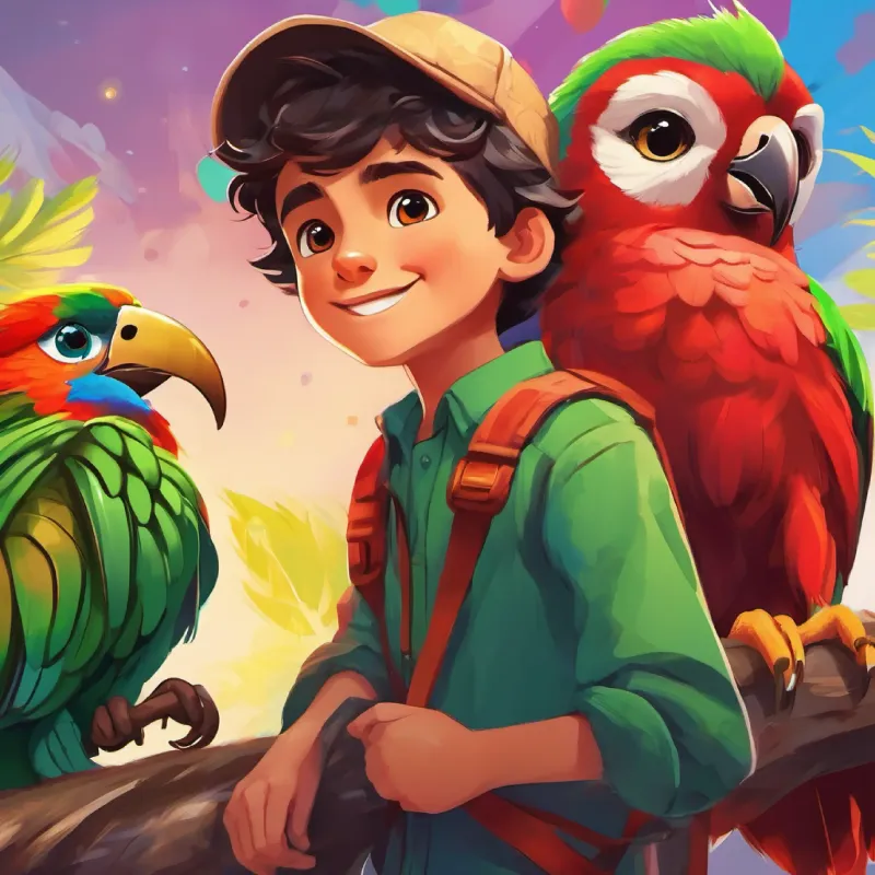 A boy with bright eyes and a big smile, always wearing adventurous clothes meets A colorful parrot with green and red feathers, and bright, curious eyes, A wise old owl with big, round eyes and soft, fluffy feathers, and A playful monkey with a mischievous grin and a twinkle in his eye, and they become best friends.