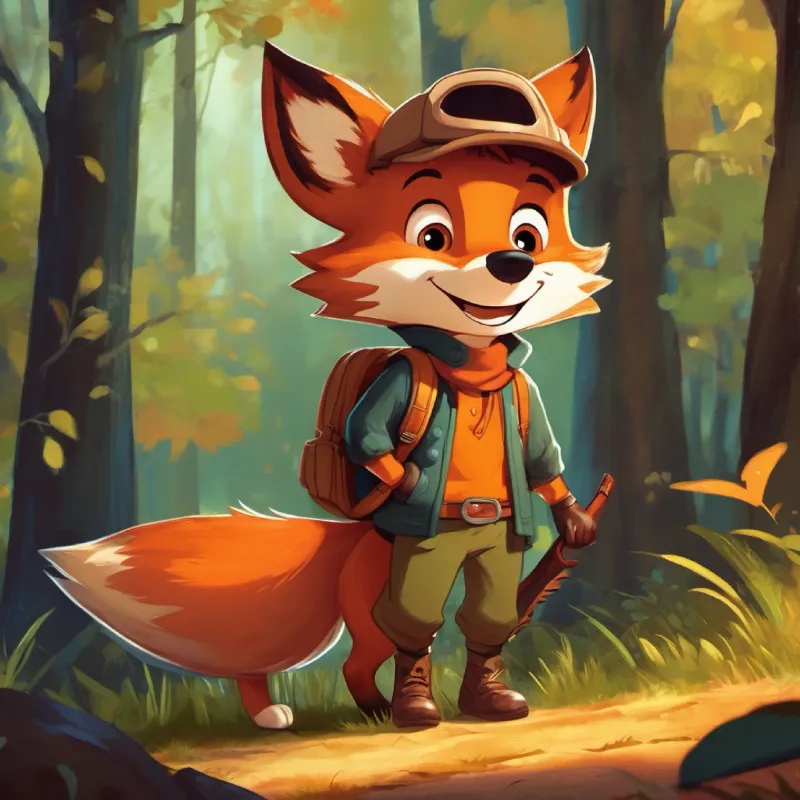 A boy with bright eyes and a big smile, always wearing adventurous clothes discovers A mischievous fox with a sly smile and rust-colored fur, the mischievous fox, causing trouble in the forest.
