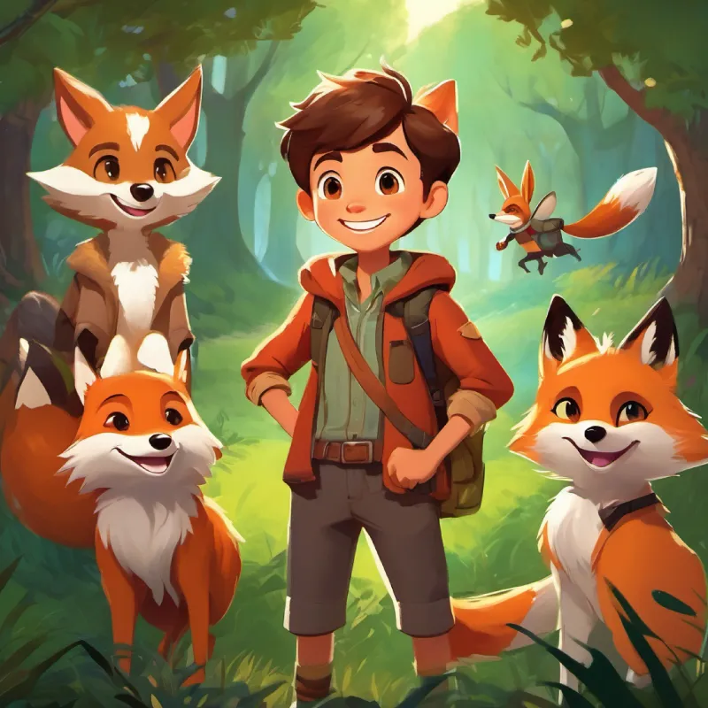 A boy with bright eyes and a big smile, always wearing adventurous clothes and his animal friends work together to outsmart A mischievous fox with a sly smile and rust-colored fur and save the forest.