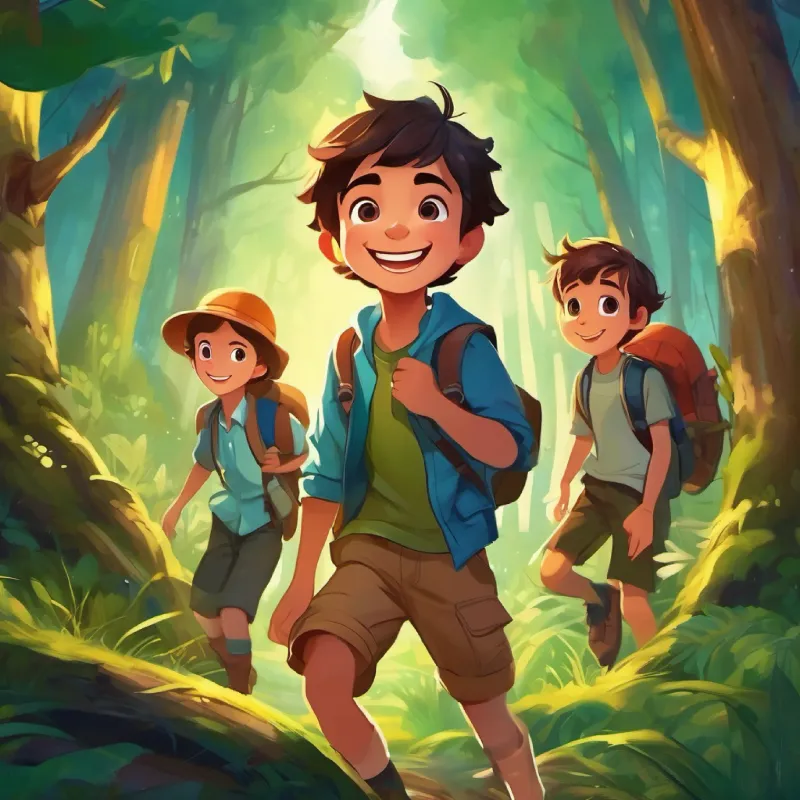 A boy with bright eyes and a big smile, always wearing adventurous clothes and his friends continue to have fun adventures in the enchanted forest.
