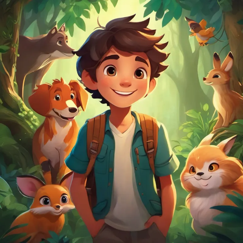 A boy with bright eyes and a big smile, always wearing adventurous clothes and his animal friends create a special bond of friendship in the enchanted forest.