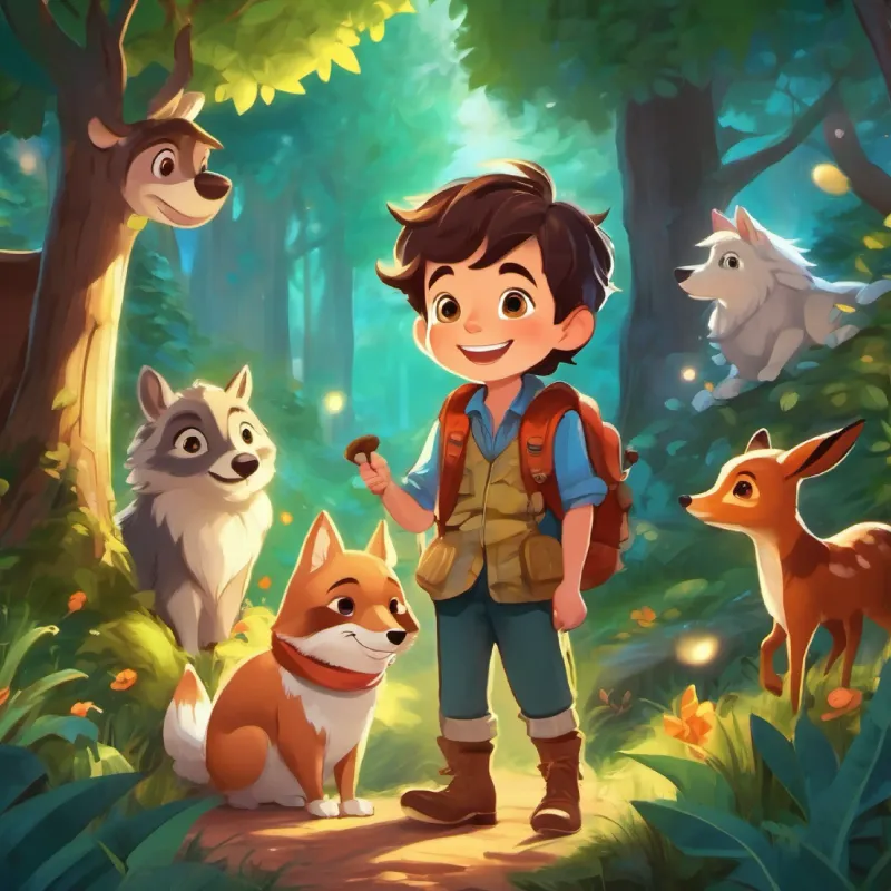 A boy with bright eyes and a big smile, always wearing adventurous clothes and his animal friends live happily ever after, bringing joy and happiness to the enchanted forest.