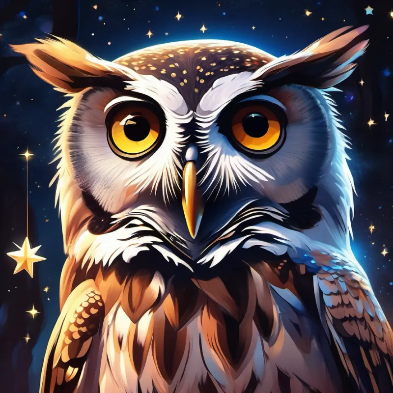 Intro of Wise old owl, fluffy feathers, big glowing eyes the owl, night setting with moon and stars.