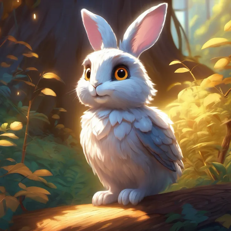 Introduction of Curious rabbit, soft fur, sparkling eyes the rabbit, below Wise old owl, fluffy feathers, big glowing eyes's tree.