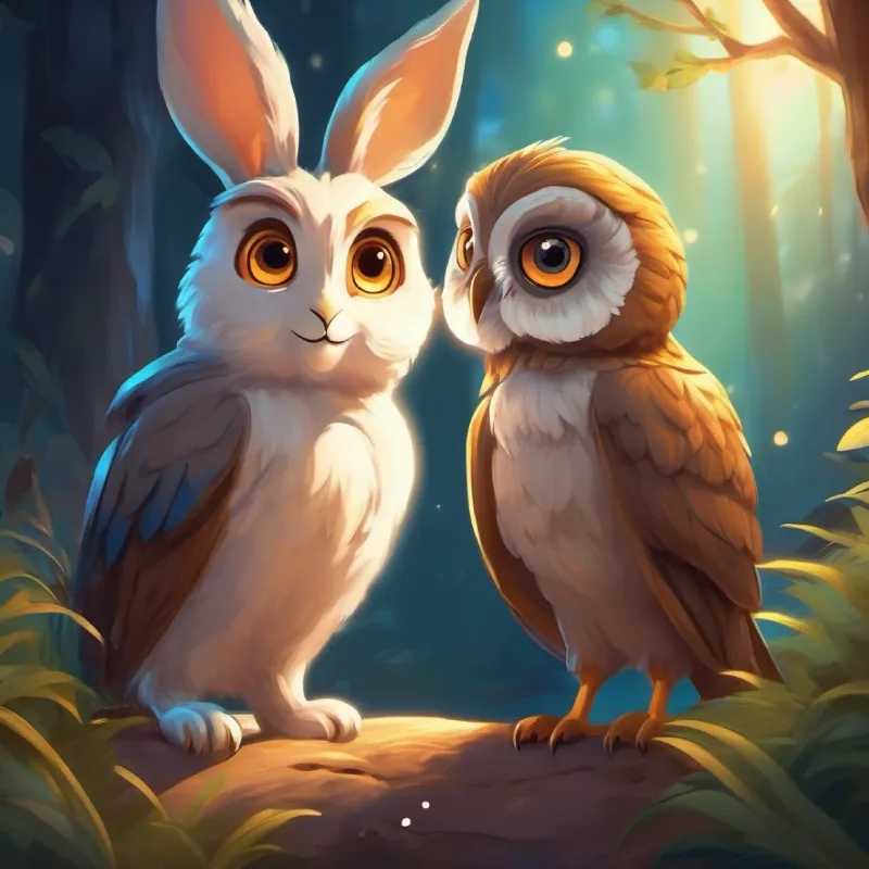 Curious rabbit, soft fur, sparkling eyes asking Wise old owl, fluffy feathers, big glowing eyes for a story, cozy night-time vibe.