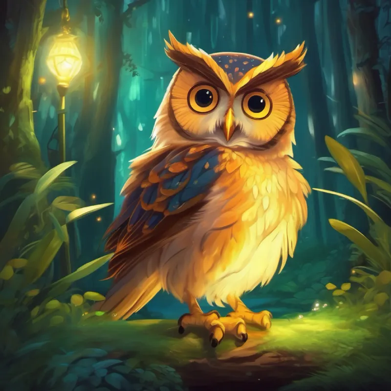 Wise old owl, fluffy feathers, big glowing eyes starting the story, introduces magical frogs.