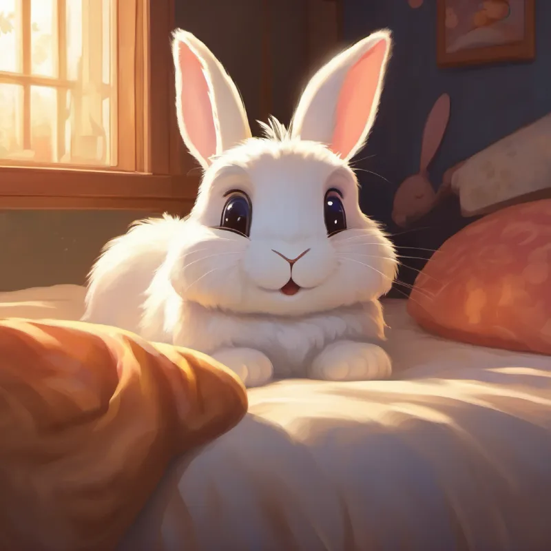 End of the story, Curious rabbit, soft fur, sparkling eyes is happy and ready for bed.