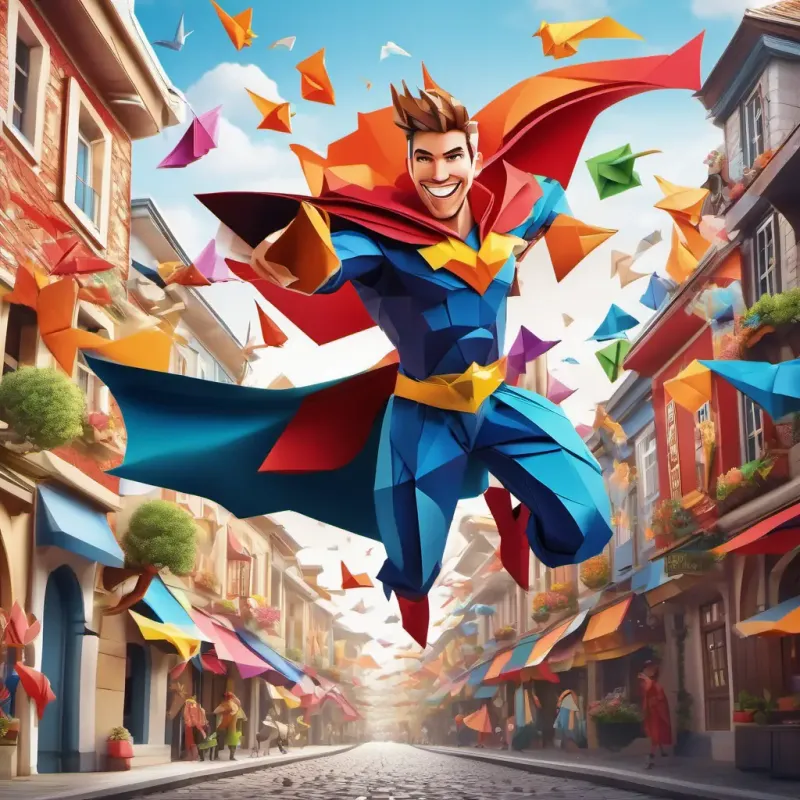 Daring, with an energetic grin and a flowing cape, in a vibrant costume flying through the town, rescuing people and animals with a big smile on his face