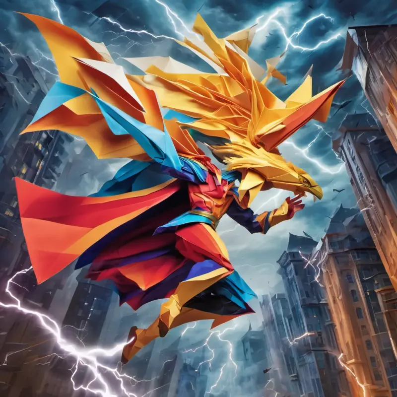 Daring, with an energetic grin and a flowing cape, in a vibrant costume battling Vortex Vulture in the stormy city, with lightning crackling and buildings swaying