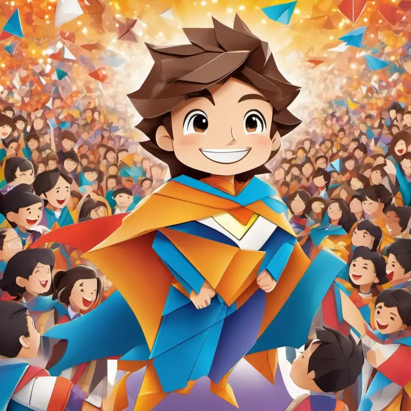Brave, with a kind smile and twinkling eyes, brown hair standing triumphantly as Daring, with an energetic grin and a flowing cape, in a vibrant costume, with a crowd of people cheering and smiling around him