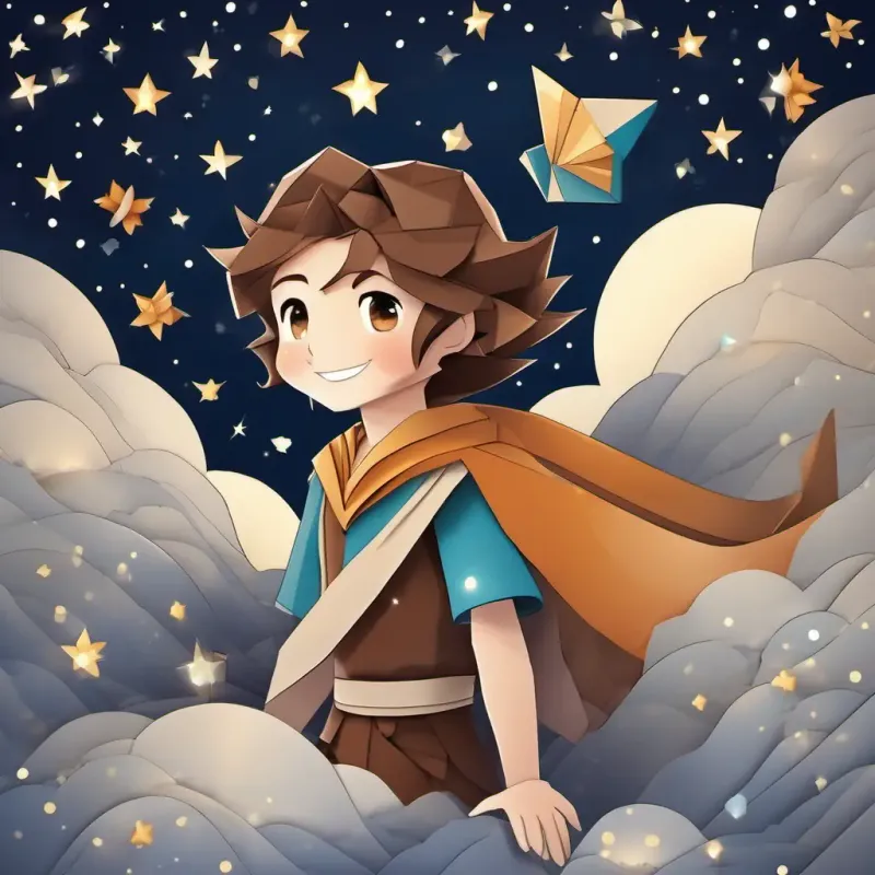 Brave, with a kind smile and twinkling eyes, brown hair gazing at the starry sky, feeling happy and proud of his unique abilities