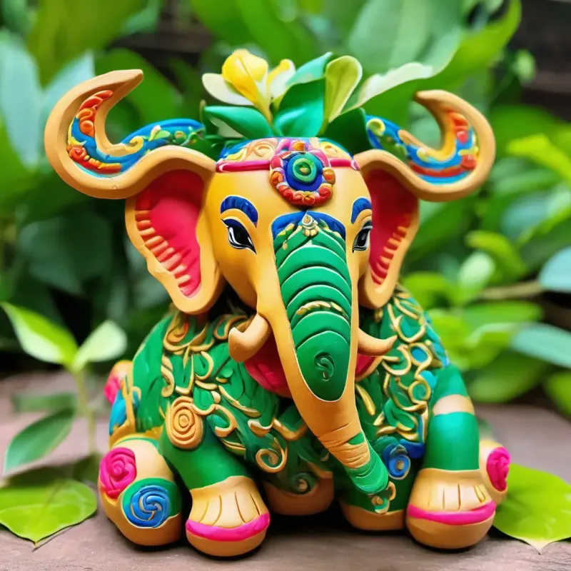 Elephant-headed deity, gentle eyes, symbol of good fortune's area, lively greenery, symbols of intellect