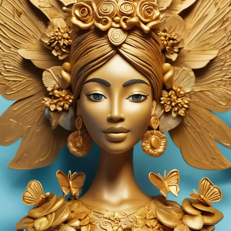 Goddess of wealth, golden-hued skin, eyes warm with benevolence's realm, butterflies, learning generosity